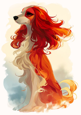 dog long red hair white face fire lava looking away viewer vixen princess wind sky, generative aiの素材