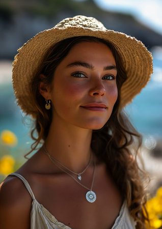 woman wearing straw hat necklace standing beach princess smiling watch delicate face profile cheeks moon ryas stunningly city, generative aiの素材