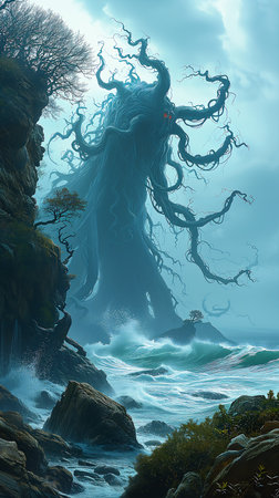 large tree growing out rocks horror wild ocean background magic gathering colossus tall kelp computer avatar colossal dragon, generative aiの素材