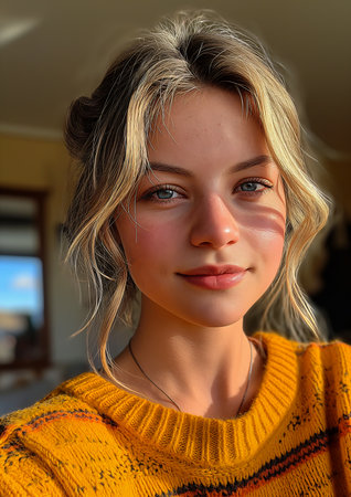 blond woman blue eyes yellow sweater posing city evening sunlight footage portrait young teenage girl more tan face wearing red cheeks radiating, generative aiの素材