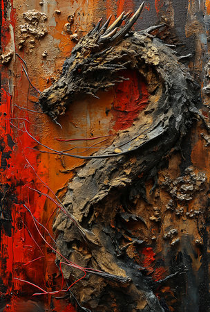 horse wood paint sharp sleek cyborg dragon head metal rust plaster materials oil forest tailed serpent, generative aiの素材