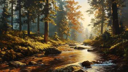 stream forest rocks trees golden hues young mate caustics inflatable landscape bright, generative aiの素材