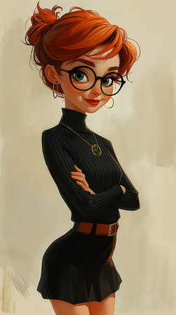 cartoon girl glasses black dress posing wearing turtleneck copper hair red short middle aged witch young woman student modern attire, generative aiの素材