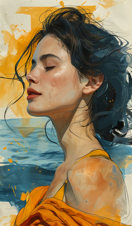 woman yellow towel head favorite sea breeze rises air portrait deep shoulders summer sunlight radiate connection closeup glossy magazine, generative aiの素材