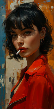 woman cigarette mouth short black hair bangs red palette mafia hybrid full bodied portrait light lips, generative aiの素材