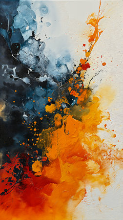 black orange yellow cloud design milk abstract page white silver splattered tar fire ice red scheme, generative aiの素材