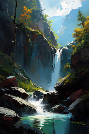 waterfall mountain person standing deep scale ambient light forest, generative aiの素材
