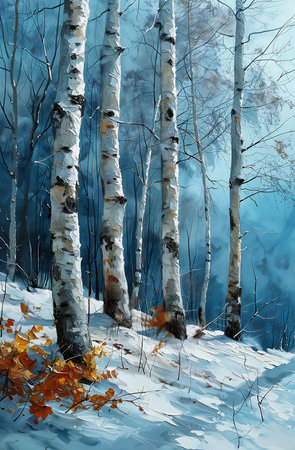winter scene birch trees breathtaking young brushed white blue paint face background forest, generative aiの素材