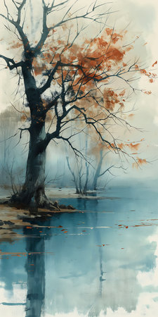 tree bird flying foggy deep late autumn beside river fading leaves color calm afternoon wall mate silk ponds, generative aiの素材