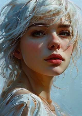 woman white hair dress closeup young blonde girl long close face, generative aiの素材