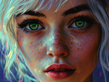 woman freckles green eyes winner closeup face computer elf visual young breathtaking female protagonist, generative aiの素材