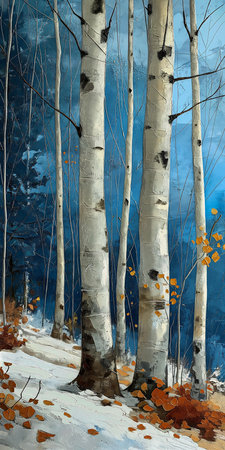winter scene snow covered forest blue sky young birches fall impasto old trees, generative aiの素材