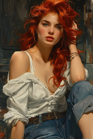 woman red hair sitting step stunning charmed alluring look cowgirl white silver young fortune oil linen attractive girl tomboy, generative aiの素材