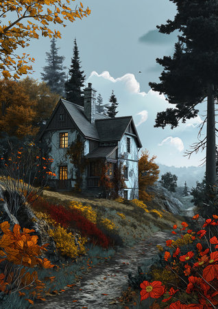 house woods stream running grey orange colors color computer wind blows leaves alpine landscape cottage bright illustration, generative aiの素材