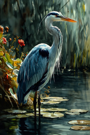 bird standing deep long beak heavy color compression filter bright harsh sunlight heron breathtaking, generative aiの素材