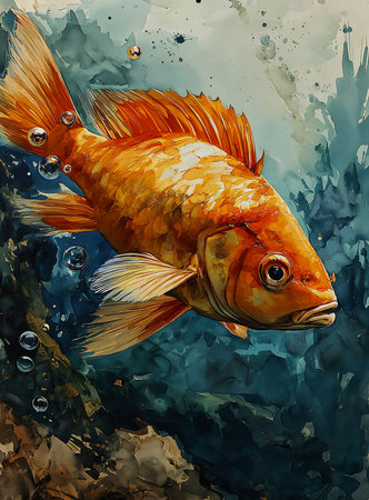 goldfish swimming pond deep streaming super gritty hanging silk scroll defense portal draw oil, generative aiの素材