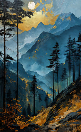 mountain full moon sky sunset haze forests map illusion hidden young standing front amber blue serene emotions breathtaking, generative aiの素材