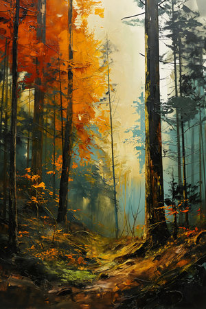 path forest trees leaves paint drips liquid wax oil, generative aiの素材