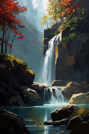 waterfall forest background music album streaming gorgeous brush strokes standing rays sunlight dream pool small waterfalls floating, generative aiの素材