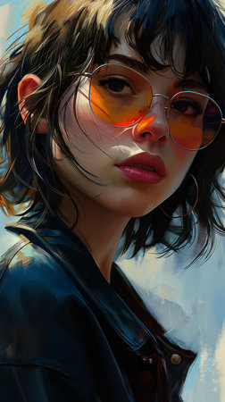 woman glasses leather jacket harsh sunlight facial structure broken femme fatale high color teenager girl female spy bright depth oil closeup, generative aiの素材