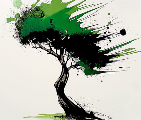 tree green leaves graffiti background smoke simplistic leaping spraying liquid signature splattered tar, generative aiの素材
