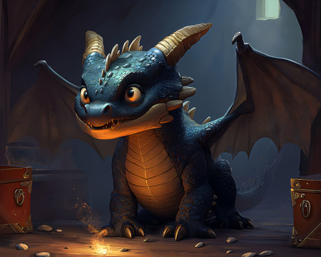 cartoon dragon sitting room chest cute little blue dungeons dragons oil animals adopt, generative aiの素材