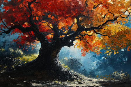 tree red yellow leafed background young dungeons dragons thick impasto technique orange blue color banner, generative aiの素材