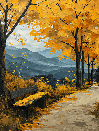 bench park yellow leaves ground breathtaking mountains moody golden dawn spray roads light space quiet street, generative aiの素材