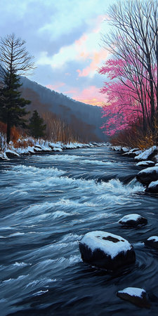 river snow rocks trees floral splash pink sky blossoming rhythm tree stunning ski hemlocks oil hue, generative aiの素材