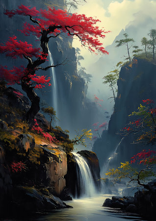 waterfall red tree foreground breathtaking mystery quotient hanging scroll engines scenery unique landscape, generative aiの素材