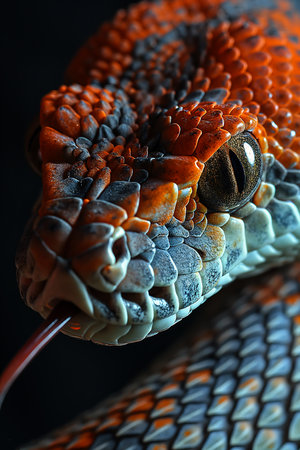 closeup snakes head red blue eyes pleasant face looking slightly below orange fluffy spines cowl antagonist greed hidden dangers, generative aiの素材
