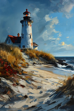 lighthouse beach cloudy sky gorgeous sunlight shadows stands easel, generative aiの素材