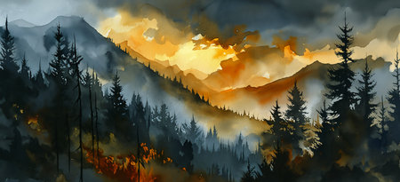 mountain sunset background wash inks smoke orange volumetric fog forests store liquid fire cascadia amazing inspiring golden palette ink, generative aiの素材
