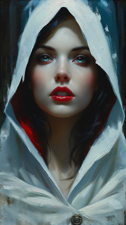 woman white hood red lips stunning incredible breathtaking quality assassin oil flawless face templar girl love, generative aiの素材