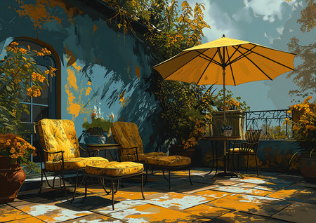 patio yellow chairs umbrella wolf among golden hues contrast shading garden environment video, generative aiの素材