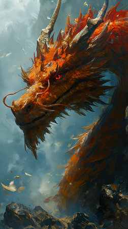 dragon red tail long neck contrast portrait technique old masters magazine cover closeup banners princess path exile orange hue, generative aiの素材