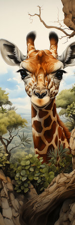 giraffe tree sky background gross extremely gorgeous face sticker stands easel bravo princess, generative aiの素材