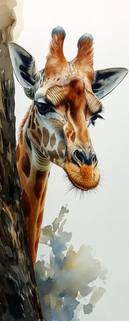 giraffe looking tree trunk white eyes semi designer pencil drawing spray koala portrait land large, generative aiの素材