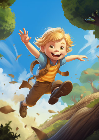 cartoon boy jumping air forest trees profile avatar blond hair nursery poster casual games heaven background running hill society royal garden honey wind cute childlike, generative aiの素材