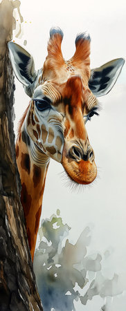 giraffe looking tree trunk gentle face cover usa see leering full profile bashful long muzzle, generative aiの素材