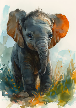 baby elephant standing grass sky background gorgeous eyes oil princess adorably cute crimson tide highly live adopt, generative aiの素材