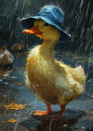 duck wearing blue hat standing rain mobile cute portrait cartoon animal city weather sadness personified, generative aiの素材