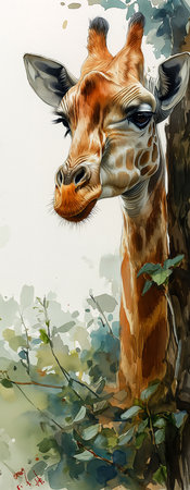 giraffe standing next tree profile see cartoon designer, generative aiの素材