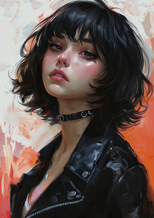 woman black jacket choker pink red color short hair bangs unusually unique beauty teenager girl cowboy bebop curly top, generative aiの素材