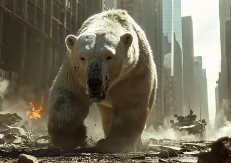 polar bear walking city tank background promotional studios flying giant animals professor calculus avatar bright footage wild wildlife, generative aiの素材