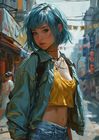girl blue hair yellow top city lost look waist young asian woman, generative aiの素材