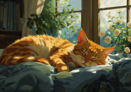 kitty cat kitten sleeping bed window sunny weather hunter orange absolute peace quiet summer afternoon pets indoors, generative aiの素材