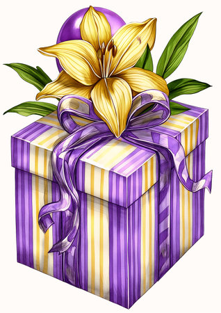 purple yellow striped gift box flower ribbon please best lilies extremely shading birthday warm friendly expression opening botanic, generative aiの素材