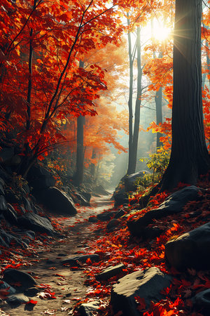 path woods red leaves ground young forest landscape day scenery soft autumn sunlight, generative aiの素材