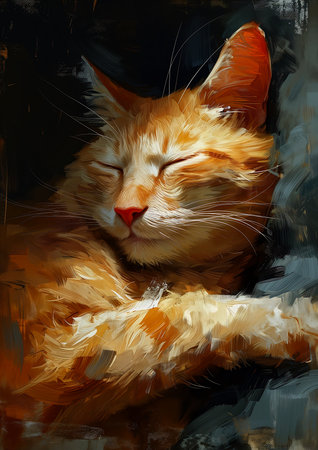 kitty cat kitten sleeping couch eyes closed portrait cartoon animal closeup orange fur, generative aiの素材